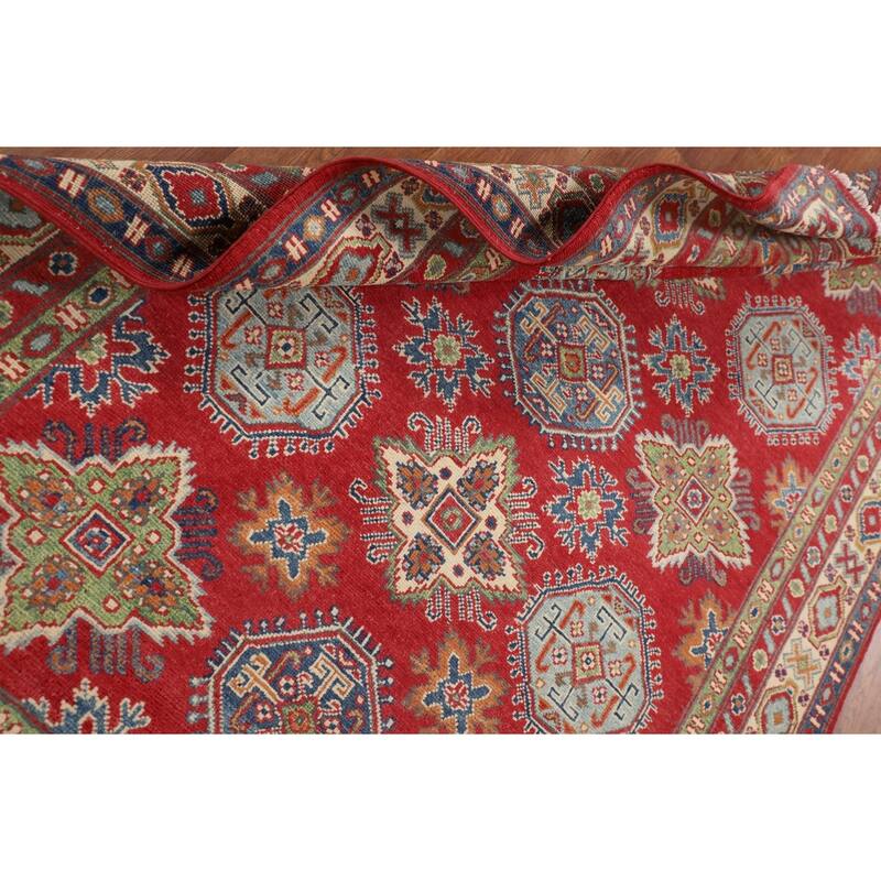 Red Geometric Kazak Area Rug Bedroom Hand-Knotted Wool Carpet - 4'8" x 7'2"