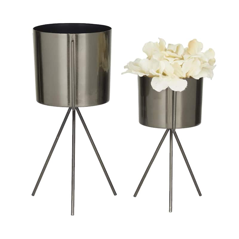 Metal Small Indoor Outdoor Planter with Removable Stand - Set of 2 Silver, Gold or Dark Gray - CosmoLiving by Cosmopolitan - Dark Gray