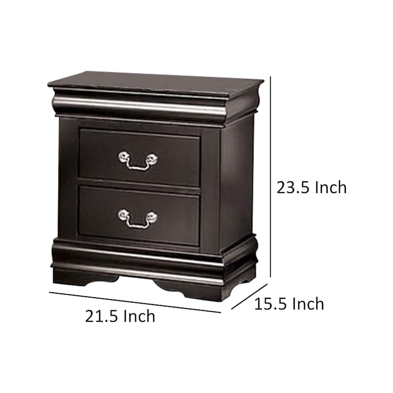 Ryla Nightstand, 2 Drawers, Black Solid Wood, Nickel Metal Drop Handles