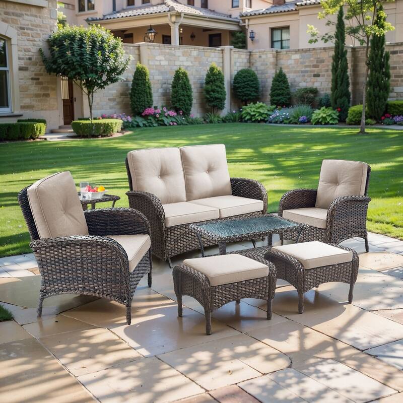 Pocassy 7 Pieces Glider Sofa with Patio Chairs Ottomans Table - Brown Wicker - Beige cushion