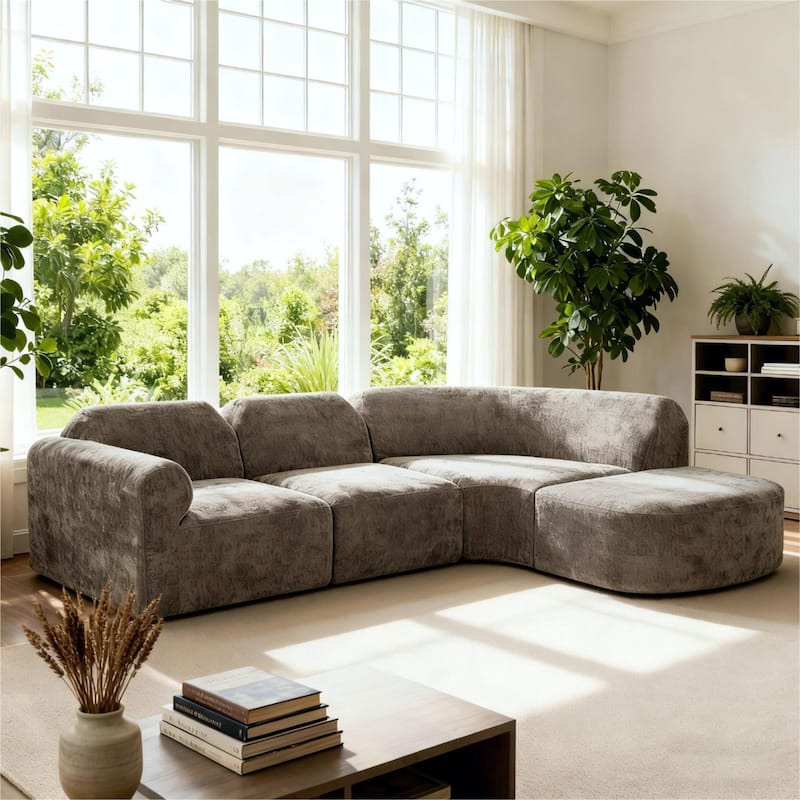 Christopher Knight Home - Modern Upholstered Curved Sectional Sofa with Deep Seat Ottoman