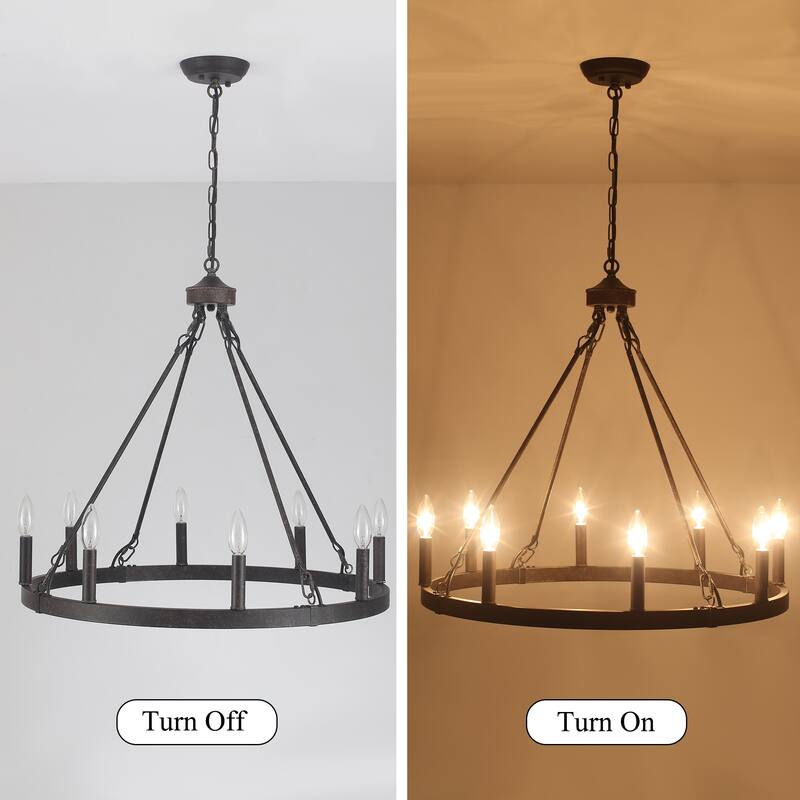 25.98" Wide 8-Light Farmhouse Chandelier, Wagon Wheel Chandelier for Dining Room Living Room Bedroom Kitchen