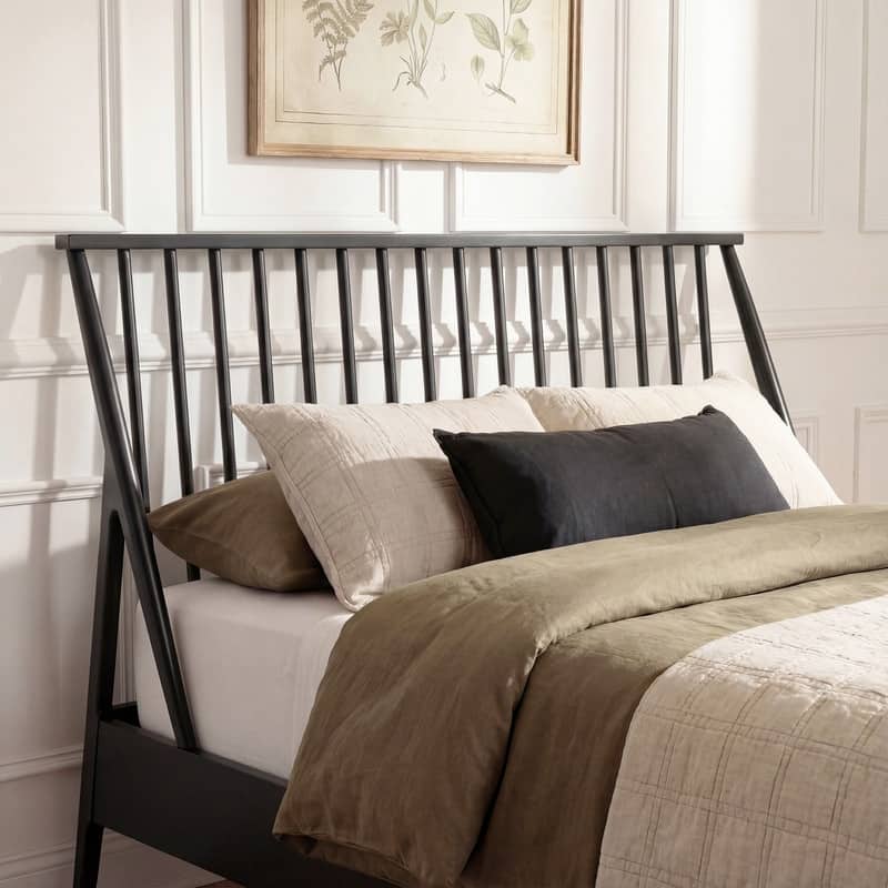 Bohemian Bamboo Spindle Platform Bed Frame with Wooden Slats and Metal Support, No Box Spring Needed, Low Profile Wingback Bed