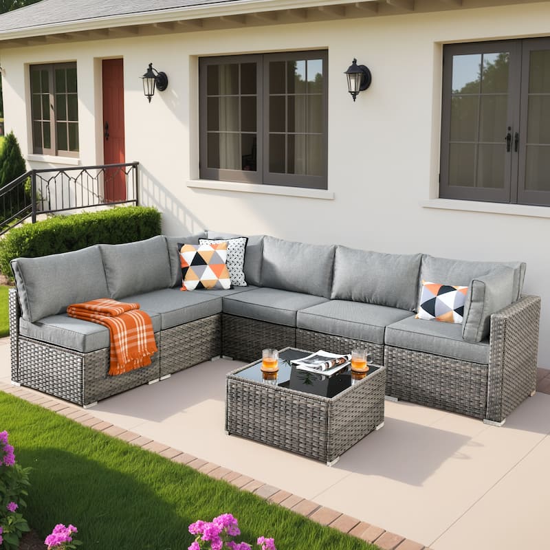 OVIOS 7-Piece Low Profile Deep Seat Wicker Outdoor Patio Furniture Set - Dark Grey