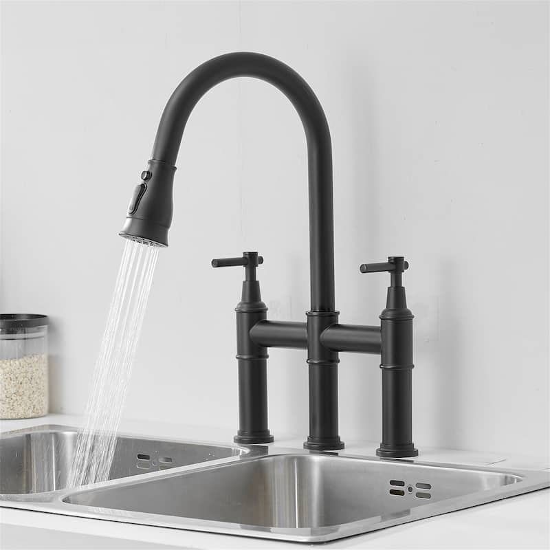 Bridge Kitchen Faucet with Pull Down Sprayer Modern Stainless Steel 3 Hole Pull Down Kitchen Sink Faucets Matte Black