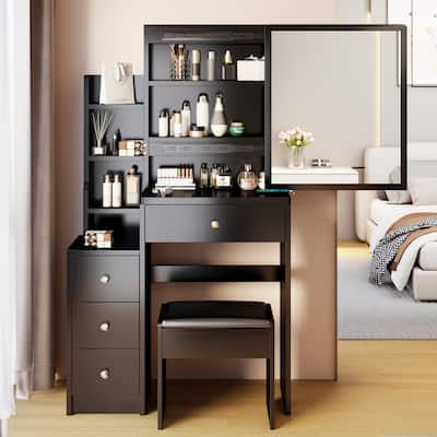 Practical Vanity Table with Cushioned Stool - Multi-Layer Storage & Extra Large Sliding Mirror