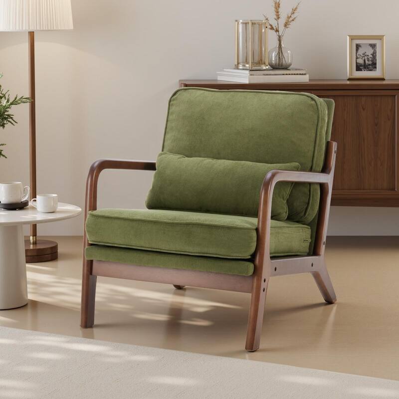 Rossetta Mid-Century Modern Solid Wooden Accent Chair with Arms and Waist Cushion