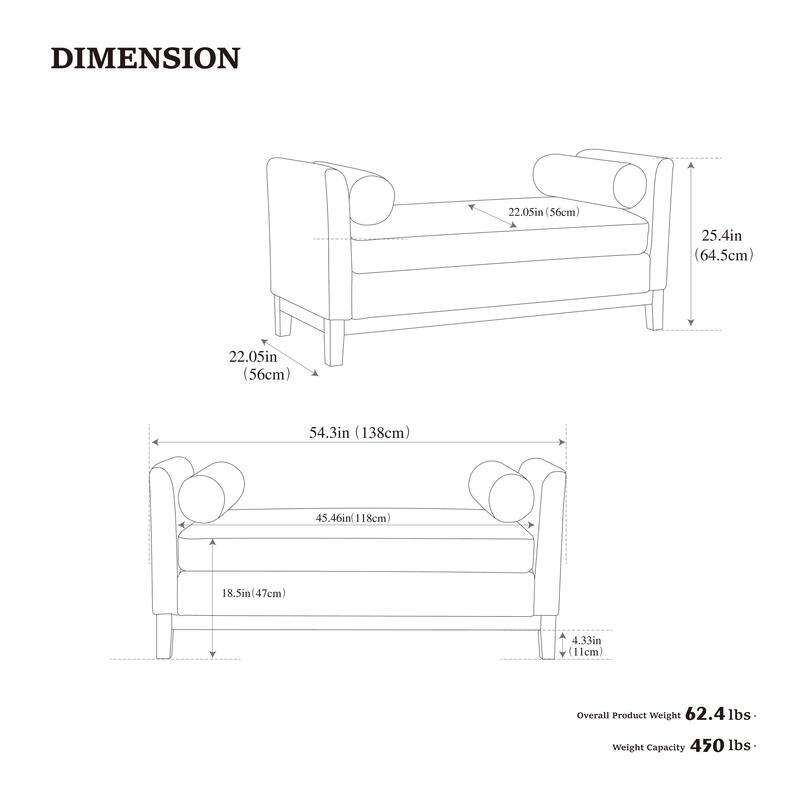 54.3"W Elegant Upholstered Bench, Ottoman with Wood Legs & 2 Bolster Pillows for End of Bed, Bedroom, Living Room, Entryway