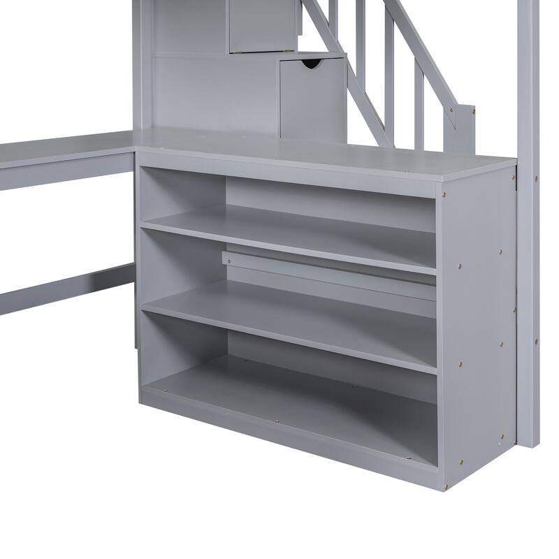 Full Size Loft Bed with L-Shaped Desk, Storage Shelves, and Staircase, Gray