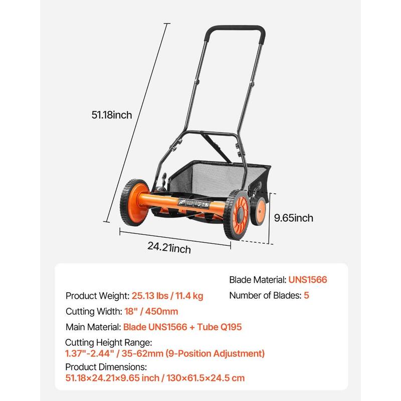 Black-Orange 18 inch Push Lawn Mower with 5 Steel Blades, Adjustable Height and Grass Catcher - 51.18 x 24.21 x 9.65 inches