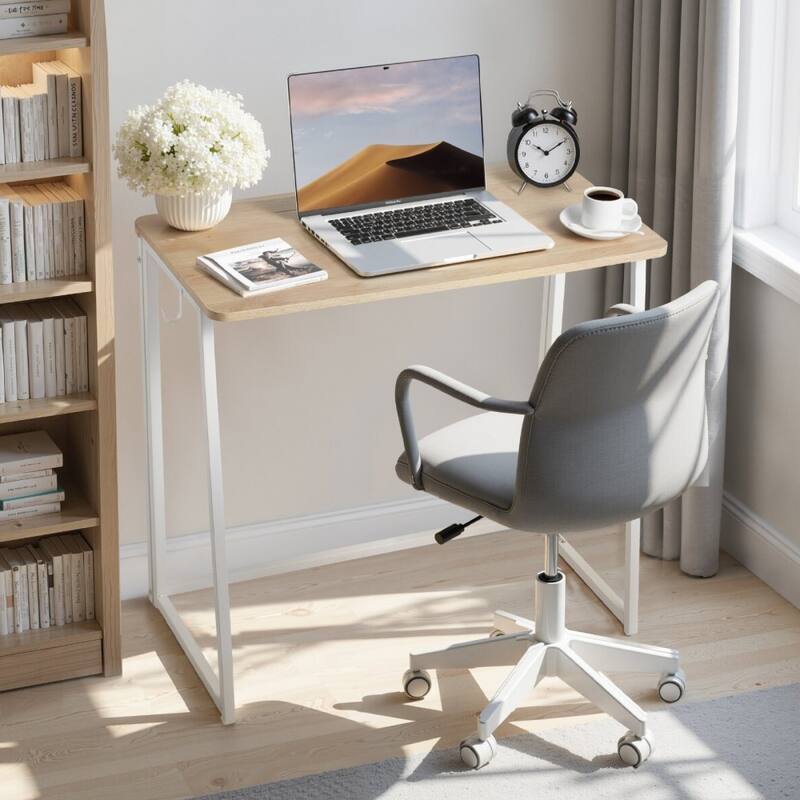 Wood Foldable Computer Desk with White Sturdy Steel Frame for Home Office and Study