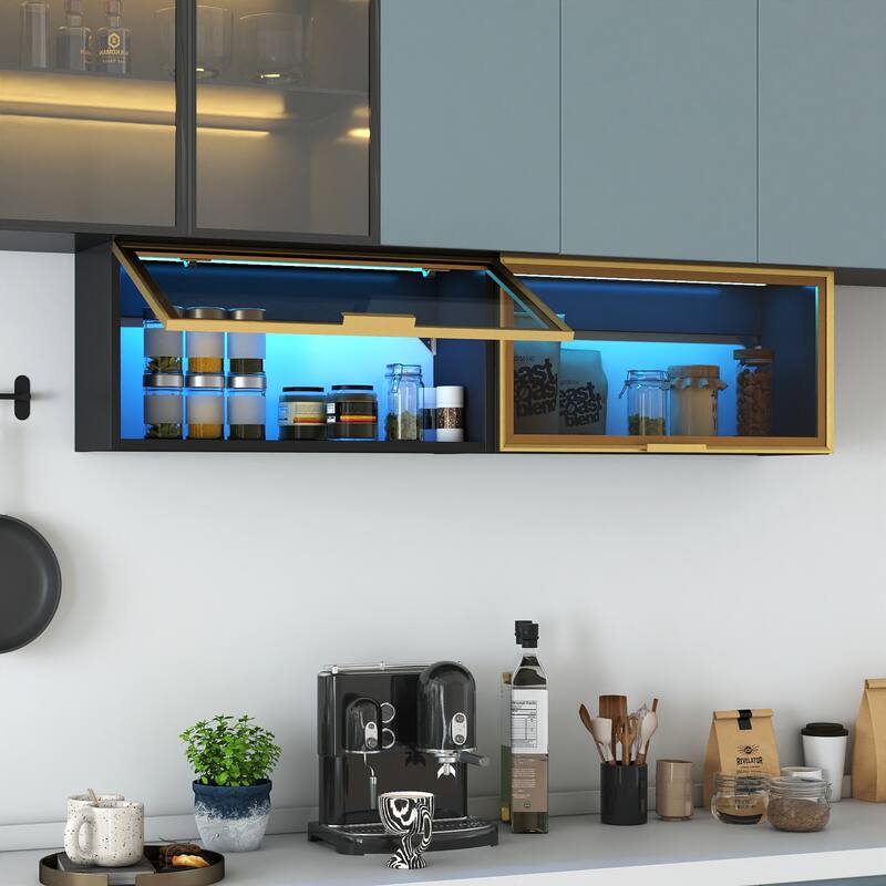 Large-Capacity Spice Rack Wall Mounted Storage Cabinet, Black Hanging Kitchen Pantry with Up-Flip Door