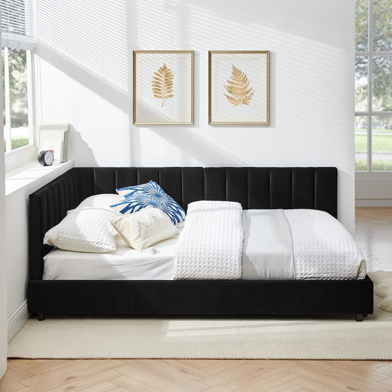 Full Size Velvet Upholstered Daybed with Tufted Backrest and Armrest, Mid-Century Sofa Bed Frame for Bedroom or Living Room