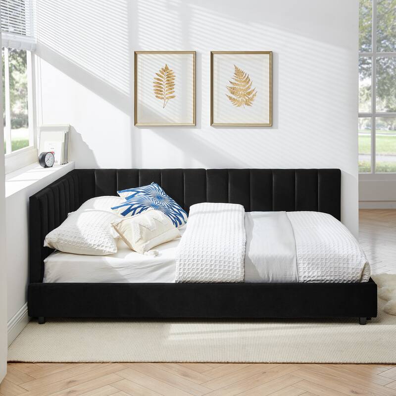 Upholstered Full Size Daybed Sofa Bed, Rivet-Tufted Platform Bed with Comfortable Backrest and Armrests for Bedroom, Living Room