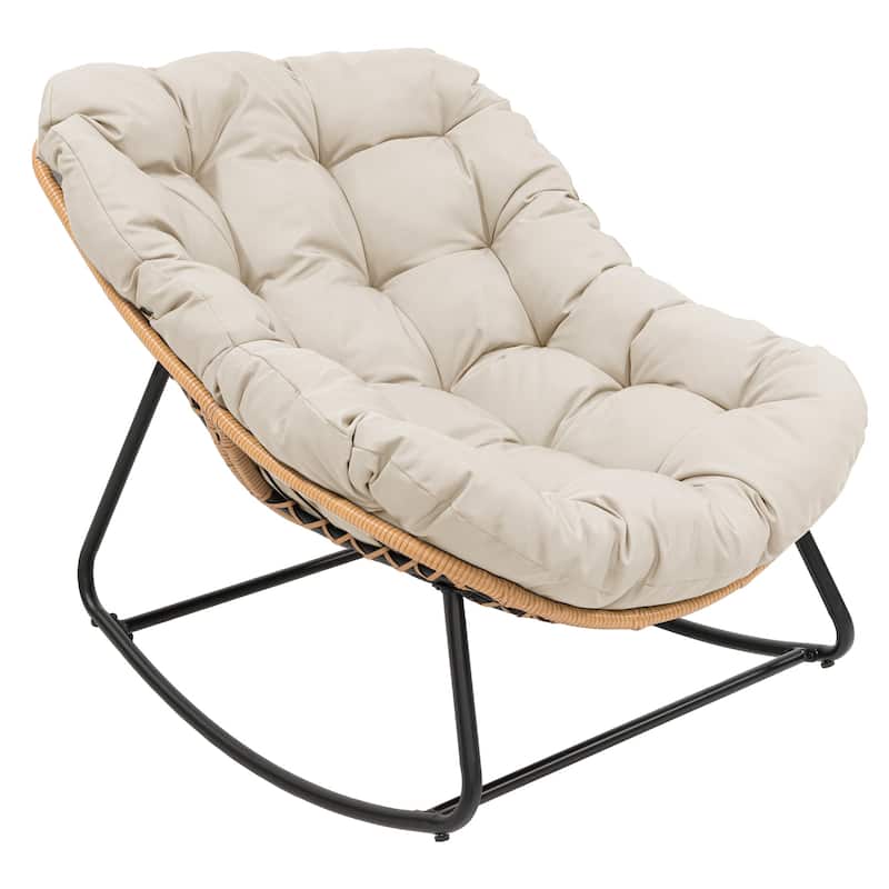 Outdoor Papasan Rocking Chair, Patio Chair Indoor Egg Royal Rattan Rocking Chair with Cushion - 33" W x 16.1" D x 29.9" H