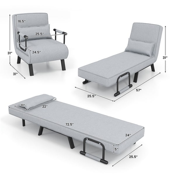 dimension image slide 2 of 3, Costway Folding 5 Position Convertible Sleeper Bed Armchair Lounge w/