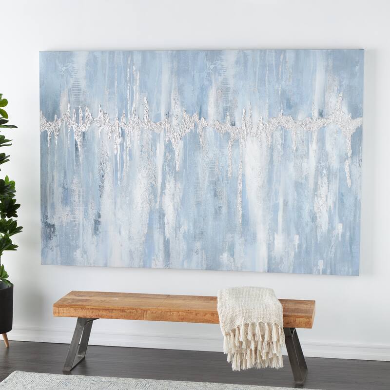 Light Blue Wood Abstract Decorative Wall Art with Silver Details - 85"W, 57"H