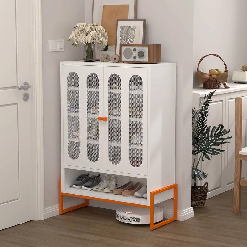 High Shoe Cabinet with Adjustable Partitions & Mesh Doors - White