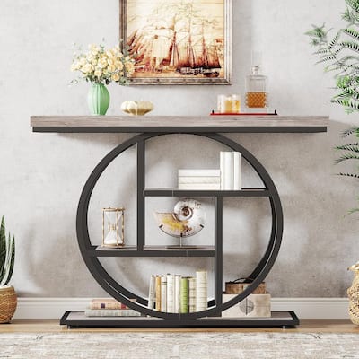 Modern Grey Wood Entryway Table 41-inch Narrow Console with Circular Metal Frame Shelves - 11.81"W x 41.34"L x 31.5"H
