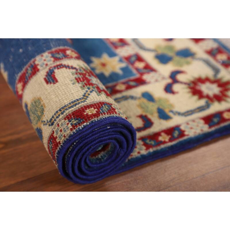 Geometric Kazak Foyer Rug Hand-Knotted Traditional Blue Wool Carpet - 2'7" x 3'11"