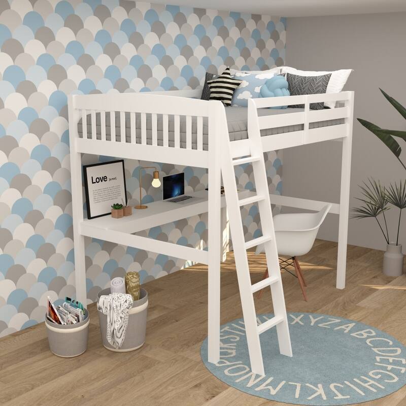 Everest Grey High Loft Bed with Desk and Storage, with Stairs