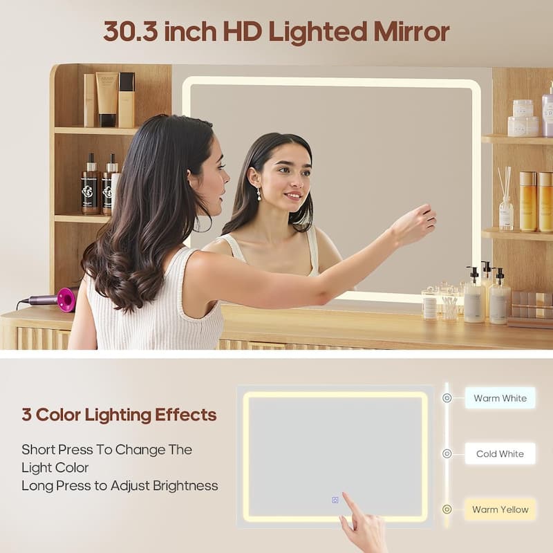 Makeup Vanity Desk Mirror LED Lights Charging Station RGB Lights Drawers Cabinet