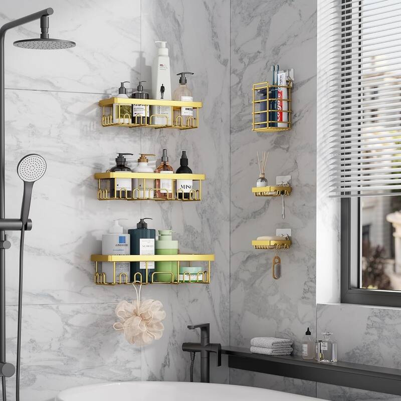 6-Pack Stainless Steel Shower Shelves, Large-Capacity Bathroom Organization and Storage.