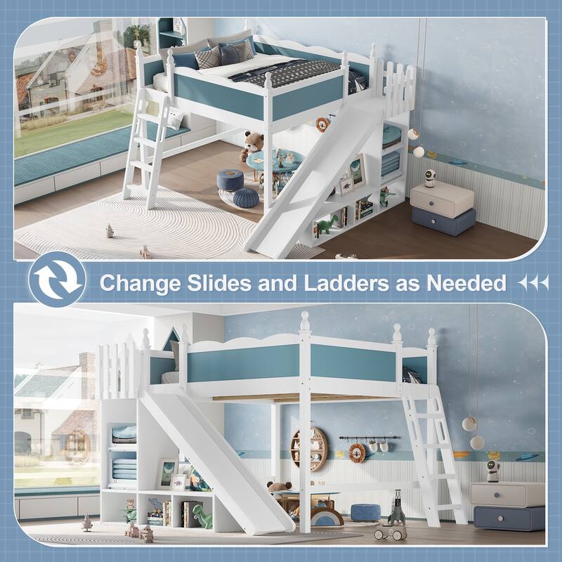 Modern High Loft Beds with Full Length Guardrails, Solid Wood Storage Loft Bed Frame with Detachable Slide and Ladders