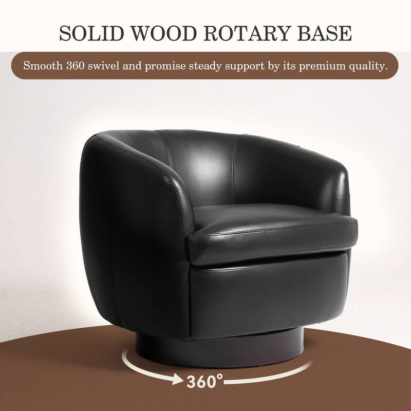 Leather Upholstered Swivel Barrel Accent Chair With Wood Base