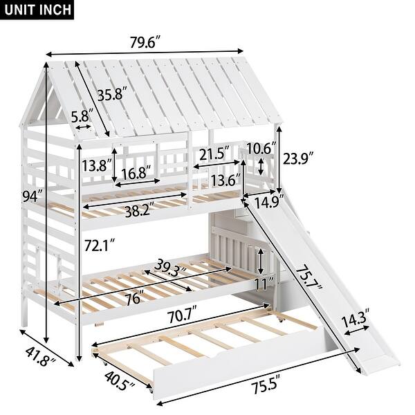 dimension image slide 1 of 2, Twin over Twin House Bunk Bed with Trundle and Slide, Storage Staircase, Roof and Window Design, White