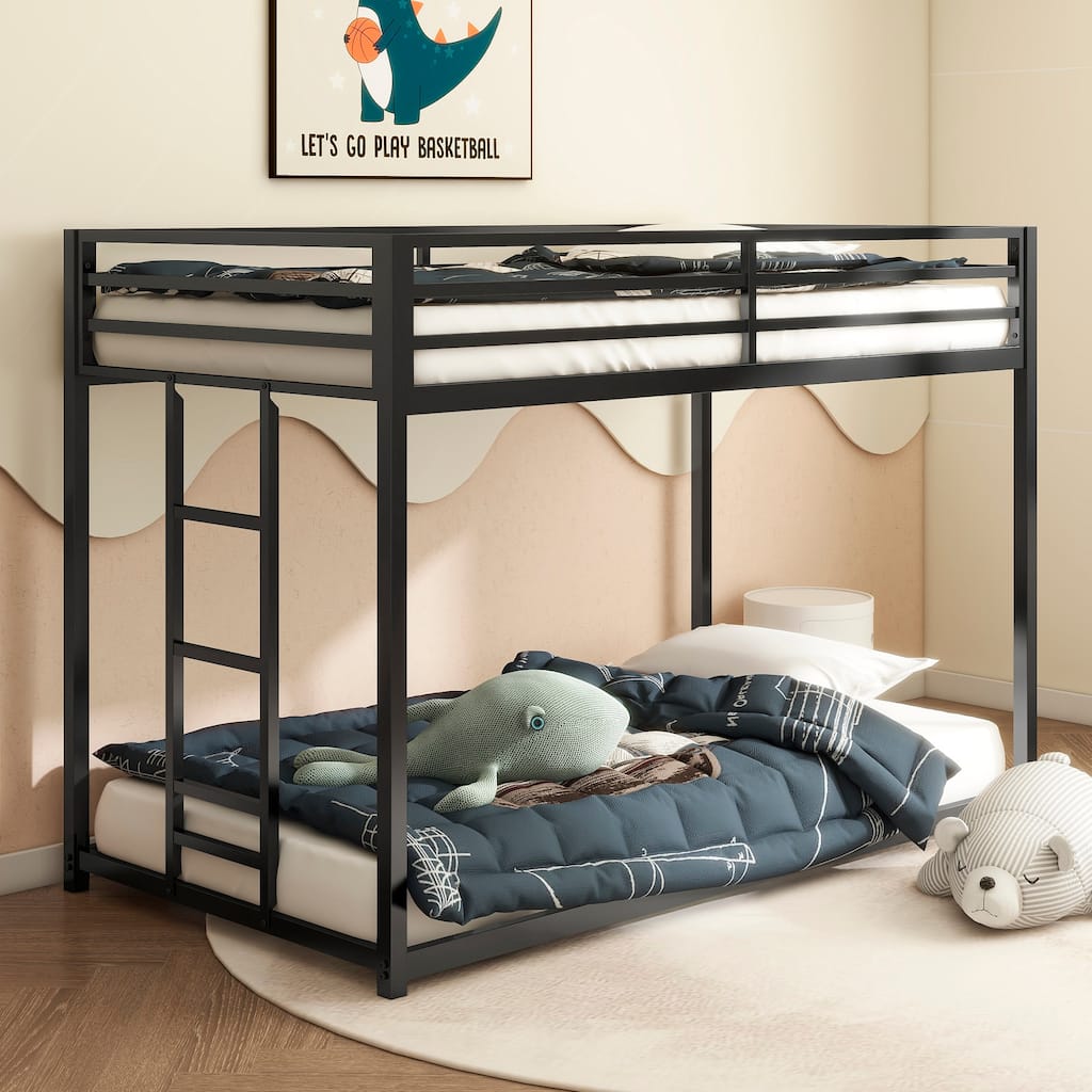 Low Profile Twin over Twin Metal Bunk Bed with Ladder and Guardrails for Kids and Adults