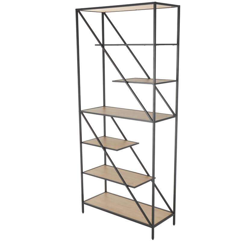 Brown Wooden Diagonal Angled 6 Shelf Shelving Unit with Black Metal Frame