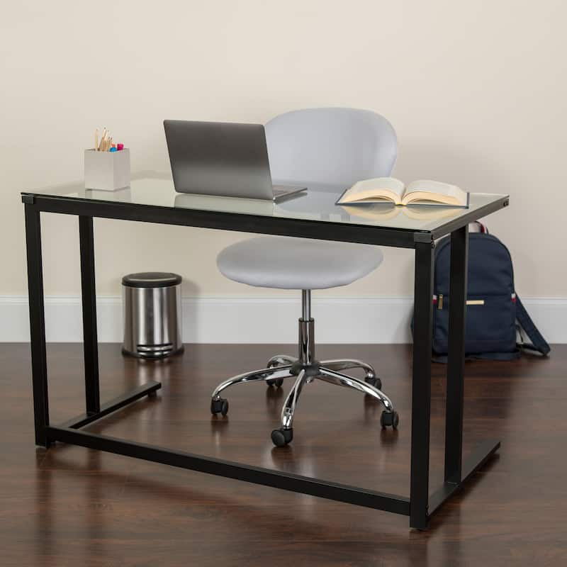 Glass Top Desk with Pedestal Metal Frame - Home Office Furniture