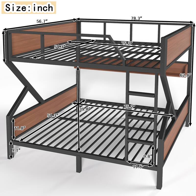 Full over Full Bunk Bed, Metal Bunk Bed with Storage Shelves and Lights, Space-saving & Noise-free Design, Black