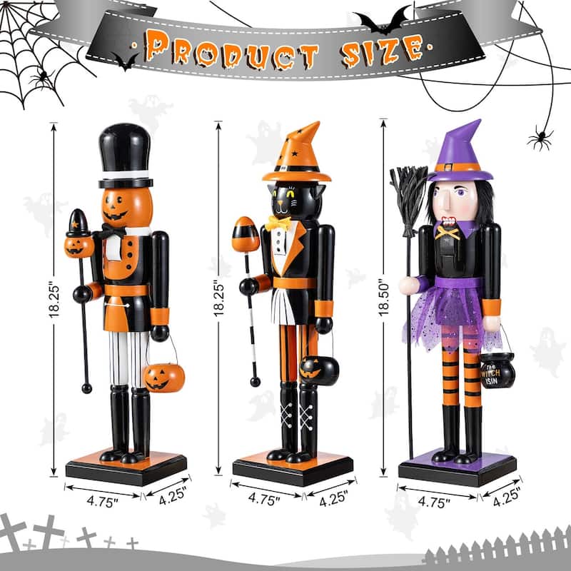 Glitzhome Set of 3 18.5"H Halloween Black Cat/Witch/Pumpkin Wood Nutcracker