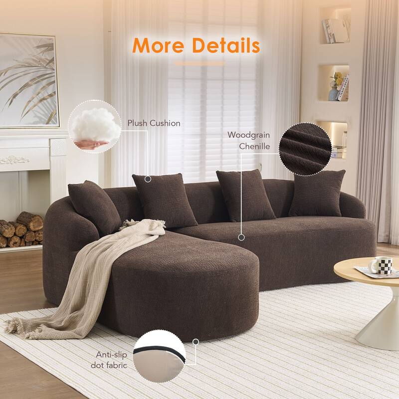 L-Shaped Sectional Sofa with Curved Chaise, Chenille Boneless Cloud Sofa, Modular 4-Seater Sofa with 4 Throw Pillows