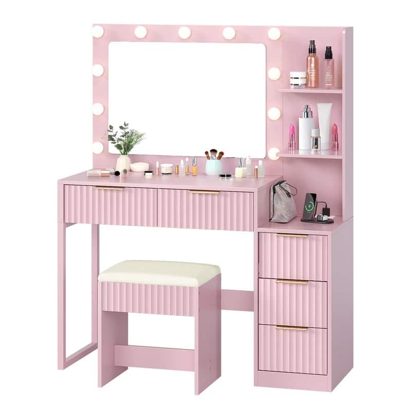 Particle Board Veneered with Textured Melamine, 5-drawer 2-Shelf, comes with 11 Three-color Dimmable Bulbs, Dressing Table Set