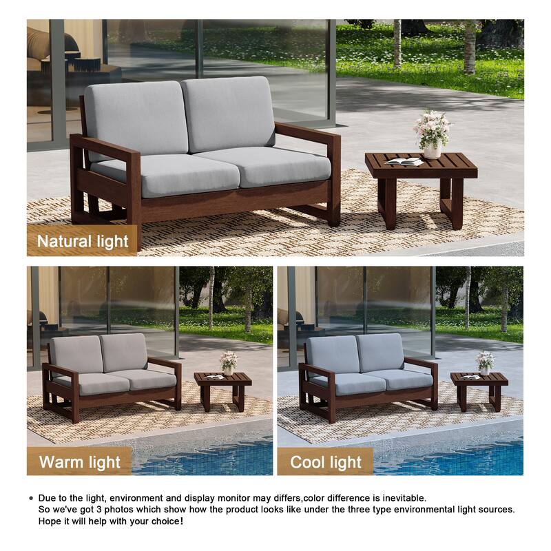 Teak Wood Cushioned Outdoor Patio Loveseat Set with Side Table