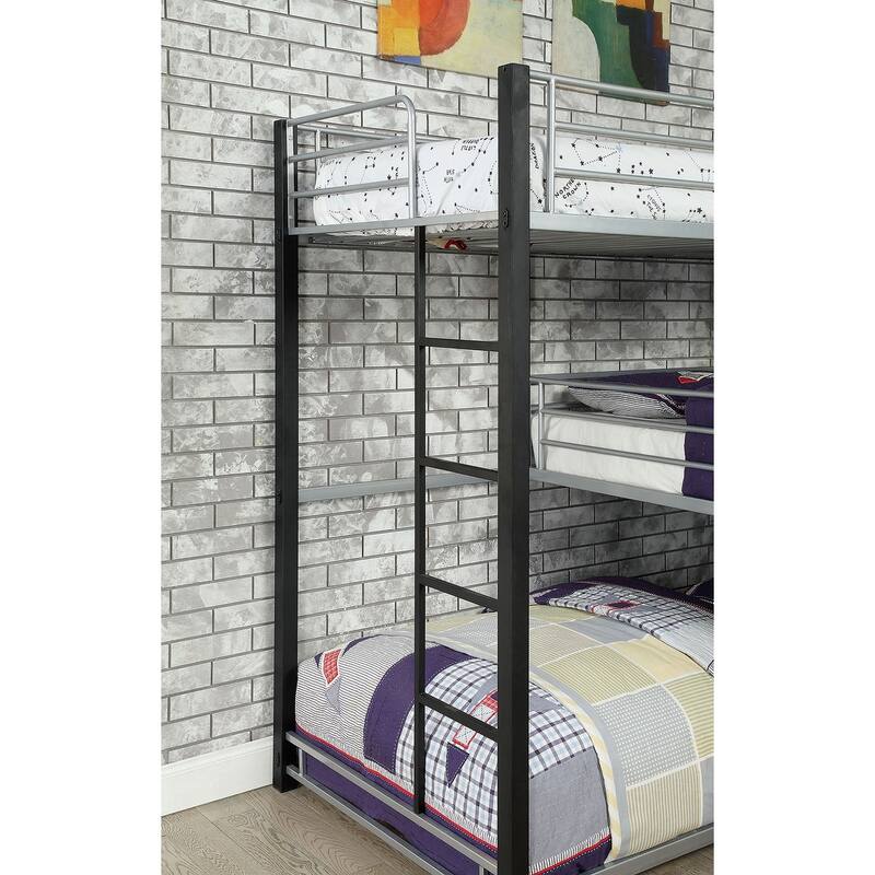 Contemporary Metal Triple Tier Bunk Bed with Corner Design and Guard Rails, Sand Black Finish