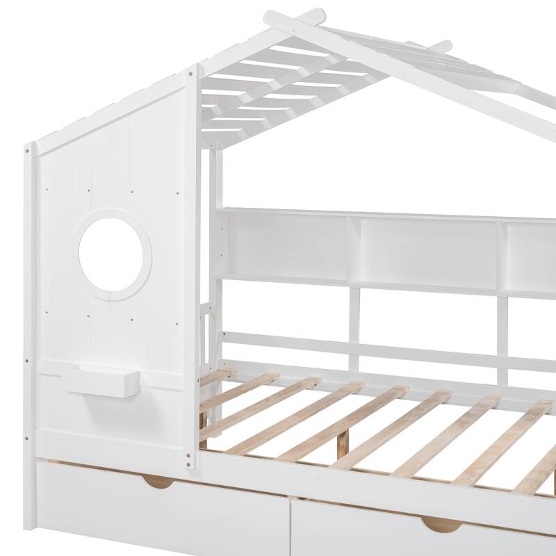 Full Size House Bed with 2 Drawers and Storage Shelf, White