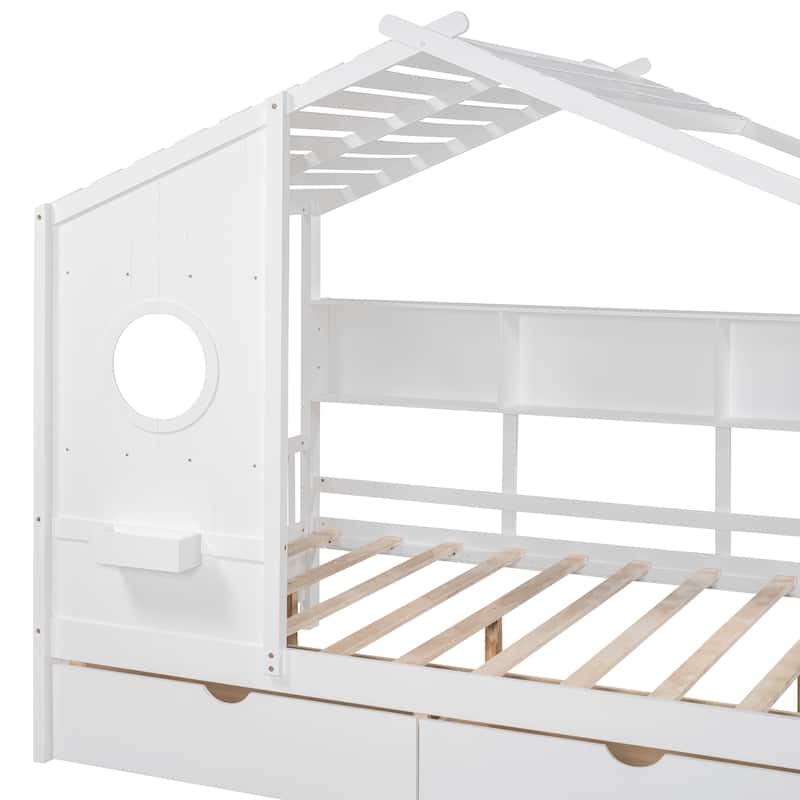 Full Wooden House Bed with Roof, Drawers, and Shelf