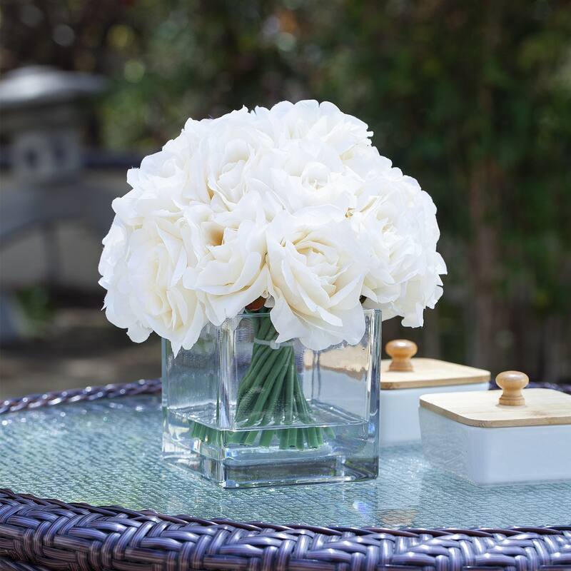 Enova Home Artificial 18 Pieces Fake Roses Silk Flowers Arrangement in Cube Glass Vase for Home Wedding Party Decoration - Cream