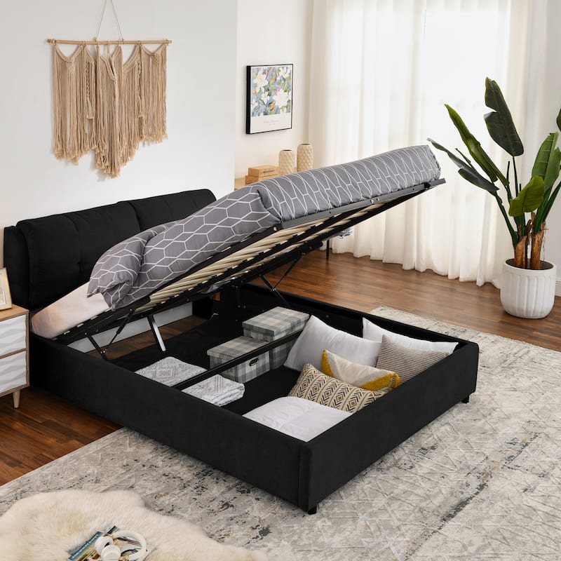 Hydraulic Storage Bed Frame Chenille Upholstered Platform Bed Queen Size Low Profile Bed with Integrated Headboard