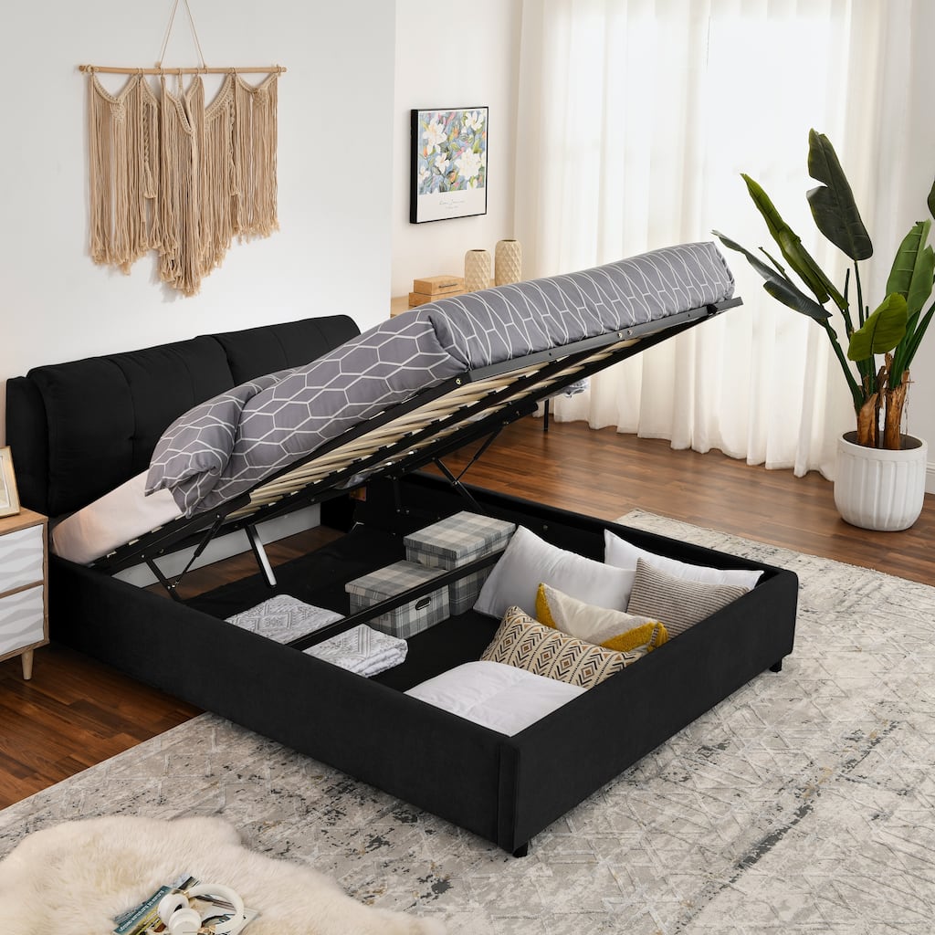 Queen Size Storage Upholstered Hydraulic Platform Bed with Integrated Headboard, Chenille Fabric