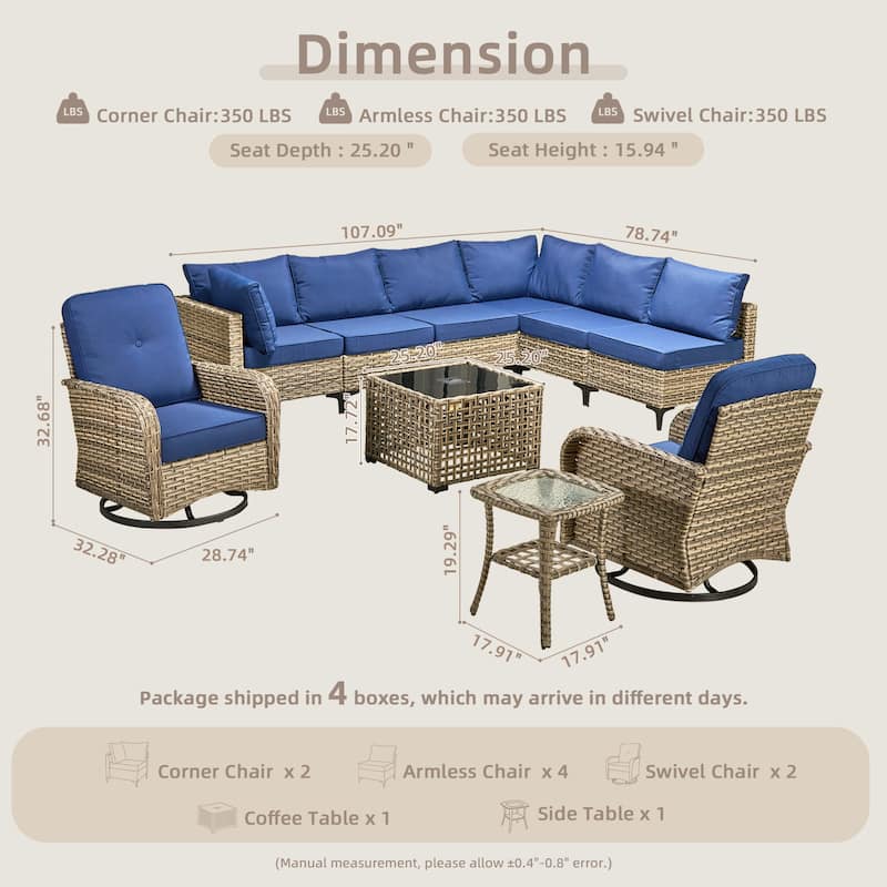 OVIOS 10 Pieces Outdoor Wicker Swivel Chair Set With Solar-Powered Coffee Table