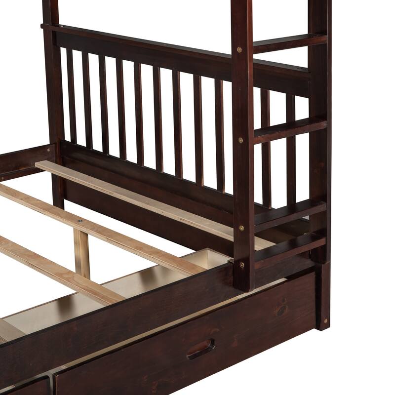 Full Over Full Bunk Bed with Drawers, Full Size Bunk Bed, Solid Wood Bunk Bed Frame with Ladders & 2 Storage Drawers
