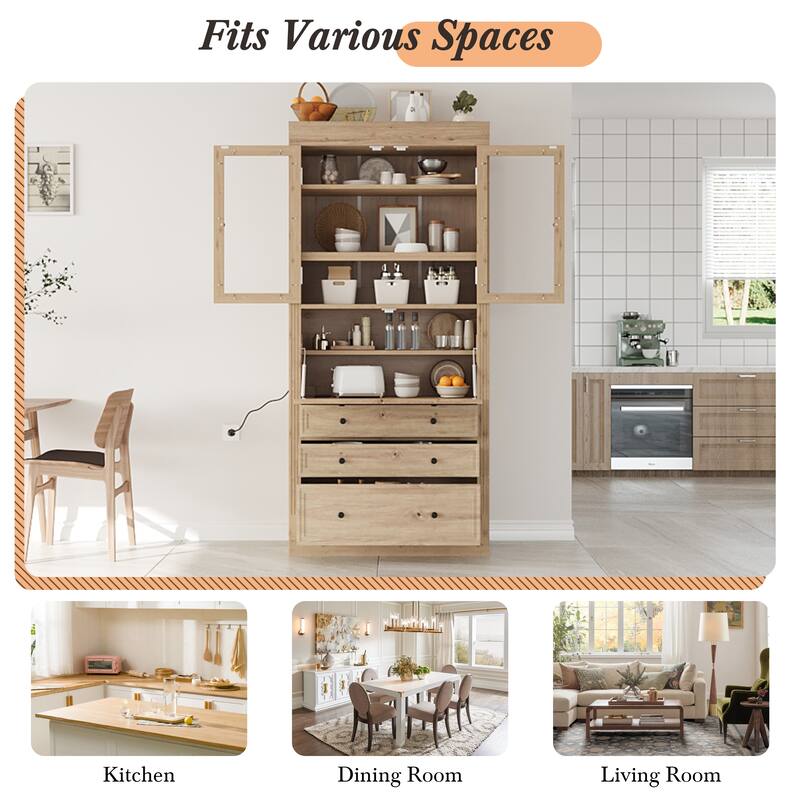 78" Freestanding Kitchen Pantry Cabinet with 3 Drawers, Glass Doors, Adjustable Shelves and Built-In Power Outlet