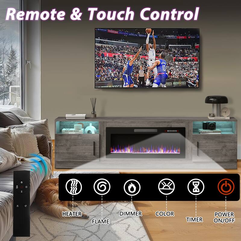 Bossin 80" Fireplace TV Stand with 36" Electric Fireplace, TV Stand for TVs Up to 90", 16 Colors LED Lights/Entertainment Center
