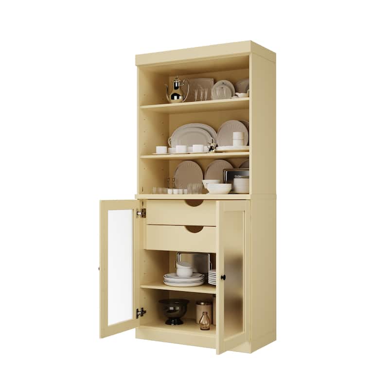 Palace Imports 100% Solid Wood Pantry Cabinet with Frosted Glass Doors, 2-Drawers and Adjustable Shelves - 32" x 71.5" - Yellow