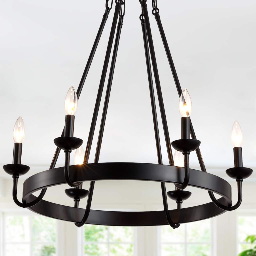 Cusp Barn Farmhouse Black Round Wagon Wheel Chandelier, 6-Light Modern Industrial Adjustable Dining Room Pendant Light Fixture